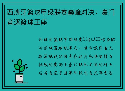 西班牙篮球甲级联赛巅峰对决：豪门竞逐篮球王座